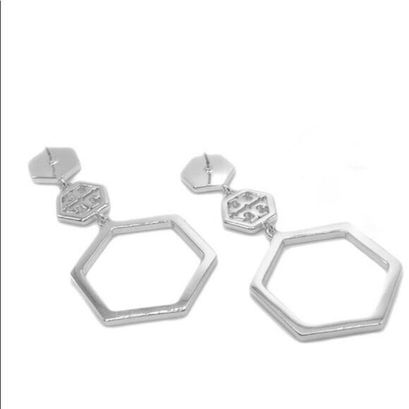 NWOT Tory Burch Silver Hexagon Dangle Stud Earrings - Picture 4 of 6